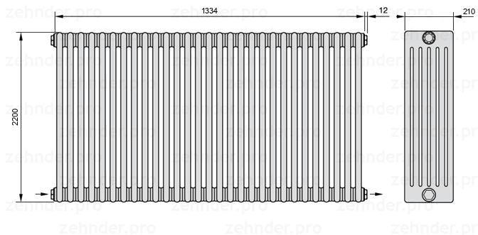 Схема (чертеж) Радиатор Zehnder Charleston 6220/29 №2670 Белый глянцевый RAL 9016